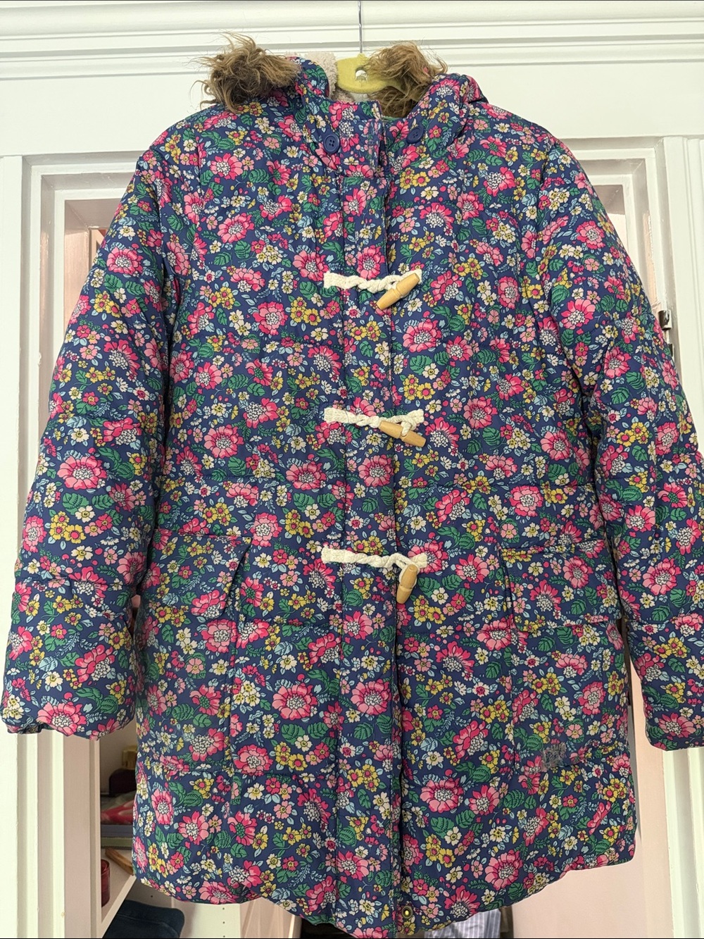 Mini Boden Navy Floral Puffer Jacket with Toggle Closures